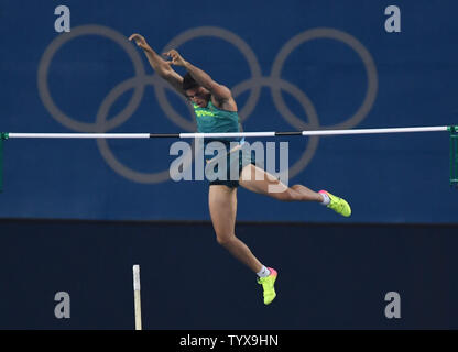 Brazil's Thiago Braz Da Silva clears 6.03 meters in the pole vault to win the gold medal in the Olympic Stadium at the 2016 Rio Summer Olympics in Rio de Janeiro, Brazil, on August 15, 2016. Photo by Richard Ellis/UPI Stock Photo