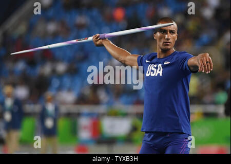 Ashton Eaton of the United States competes in the Men's Decathlon Javelin Throw at the Olympic Stadium at the 2016 Rio Summer Olympics in Rio de Janeiro, Brazil, on August 18, 2016.     Photo by Terry Schmitt/UPI Stock Photo