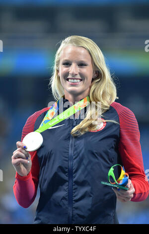 Sandi Morris of the United States holds her silver medal for the women's pole vault during the medal ceremony at the 2016 Rio Summer Olympics in Rio de Janeiro, Brazil, on August 20, 2016.    Photo by Richard Ellis/UPI Stock Photo