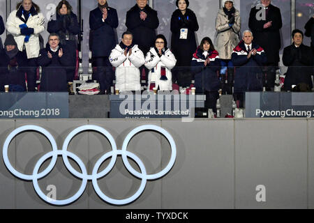 South Korean President Moon Jae-in, center left, his wife Kim Jung-sook, center, Karen Pence, U.S. Vice President Mike Pence, right, and Japanese Prime Minister Shinzo Abe during the opening ceremony Pyeongchang 2018 Winter Olympics, at the Olympic Stadium in Daegwalnyeong, South Korea, on February 9, 2018. photo by Richard Ellis/UPI Stock Photo