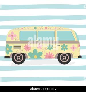 hippie van with floral print icon vector illustration design Stock Vector