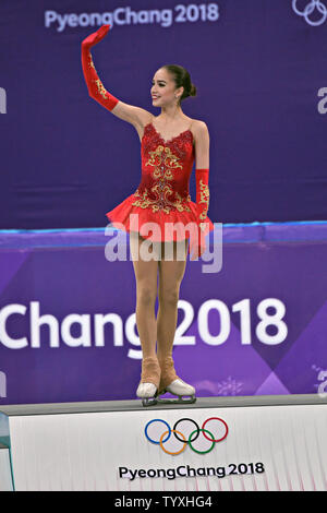 Gold medalist Alina Zagitova of Russia waves from the podium during the awards ceremony for the Ladies Figure Skating Free Skating finals at the Pyeongchang 2018 Winter Olympics, in the Gangneung Ice Arena in Gangneung, South Korea, on February 23, 2018. Zagitova won the gold, Evgenia Medvedeva of Russia the silver and Kaetlyn Osmond of Canada the bronze. Photo by Richard Ellis/UPI Stock Photo