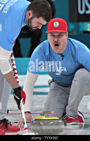 Matt Hamilton of the United States watches his shot during the Men's Curling  finals at the