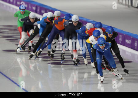 Chung Jaewon of South Korea, who finished the 8th with a time of 8:32.71 minutes, leads the pack during the final of the men's mass start speed skating at the Gangneung Oval in Gangneung, South Korea, during the 2018 Pyeongchang Winter Olympics on February 24, 2018.  Photo by Andrew Wong/UPI Stock Photo