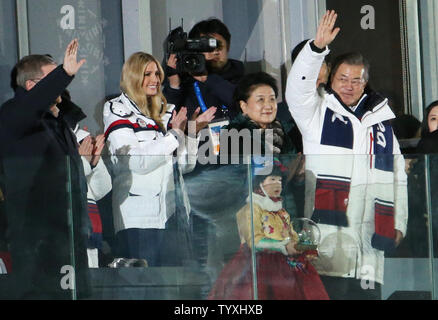President of the International Olympic Committee Thomas Bach, President Moon Jae-in of South Korea, South Korean first lady Kim Jung-sook and Ivanka Trump watch the closing ceremony for the Pyeongchang 2018 Winter Olympics, at the Olympic Stadium in Daegwalnyeong, South Korea, on February 25, 2018.    Photo by Matthew Healey/UPI Stock Photo