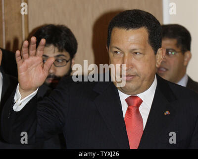 Venezuelan President Hugo Chavez waves during a meeting with Russian President Dmitry Medvedev in Orenburg, Russia on September 26, 2008. Medvedev and Chavez agreed to draft an energy pact on Friday. (UPI Photo/Anatoli Zhdanov)