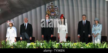 (L-R) Sharon and David Johnston (Governor General of Canada), Prince William, Princess Catherine, Canadian Prime Minister Stephen Harper and his wife Laureen attend Canada Day celebrations on Parliament Hill in Ottawa, Canada on July 1, 2011.  UPI/Christine Chew Stock Photo