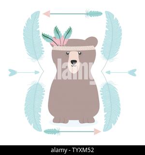 bear grizzly with feathers hat and frame vector illustration design Stock Vector