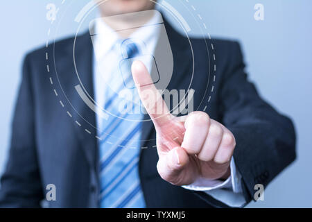 businessman touching virtual screen with cyber icon Stock Photo