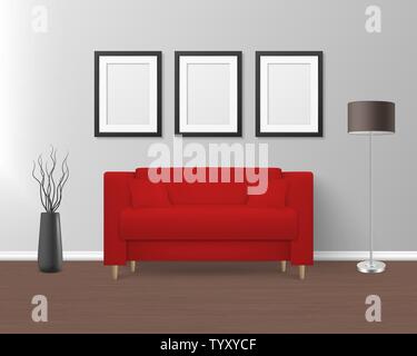Vector 3d Realistic Render Red Sofa, Couch with Pillows in Simple Style in Modern Room - Apartment, Salon, Art Gallery, Living Room, Reception, Lounge Stock Vector