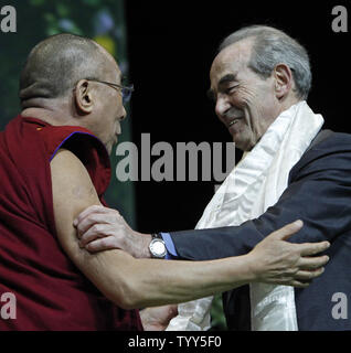French Senator and former justice minister Robert Badinter (R) is honored by the Dalai Lama for his work against the death penalty during a conference at Bercy in Paris on June 7, 2009.  Later today, despite protests from China's government, the Dalai Lama will be made an honorary citizen of Paris by mayor Betrand Delanoe.     (UPI Photo/ David Silpa) Stock Photo