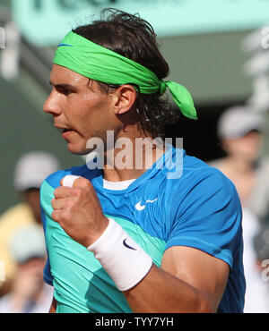 Spaniard Rafael Nadal reacts after a shot during his French Open semifinal match against Austrian Jurgen Melzer at Roland Garros in Paris on June 4, 2010.  Nadal defeated Melzer 6-2, 6-3, 7-6(6).   UPI/David Silpa Stock Photo