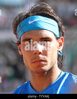 Spaniard Rafael Nadal pauses during his French Open mens quarterfinal match against Robin Soderling of Sweden at Roland Garros in Paris on June 1, 2011.  Nadal defeated Soderling 6-4, 6-1, 7-6 (3) to advance to the semifinals.   UPI/David Silpa Stock Photo