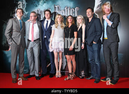 (From L to R) James Phelps, Mark Williams, Oliver Phelps, Clemence Poesy, Natalia Tena, Evanna Lynch, Jason Isaacs and Domhnall Gleeson arrive at the French premiere of the film 'Harry Potter and the Deathly Hallows: Part 2' in Paris on July 12, 2011.     UPI/David Silpa Stock Photo
