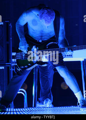 Flea, whose real name is Michael Peter Balzary, plays the bass guitar while performing with the Red Hot Chili Peppers in concert at Bercy in Paris on October 18, 2011.   UPI/David Silpa Stock Photo