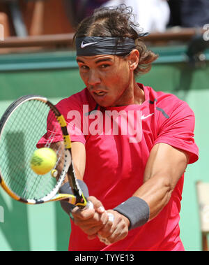 Spaniard Rafael Nadal hits a shot during his French Open men's semifinal match against Spaniard David Ferrer at Roland Garros in Paris on June 8, 2012.   UPI/David Silpa Stock Photo