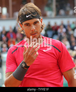 Spaniard Rafael Nadal pauses during his French Open men's semifinal match against Spaniard David Ferrer at Roland Garros in Paris on June 8, 2012.  Nadal defeated Ferrer 6-2, 6-2, 6-1 to advance to the finals.   UPI/David Silpa Stock Photo
