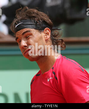 Spaniard Rafael Nadal reacts after a shot during his French Open men's semifinal match against Spaniard David Ferrer at Roland Garros in Paris on June 8, 2012.   UPI/David Silpa Stock Photo