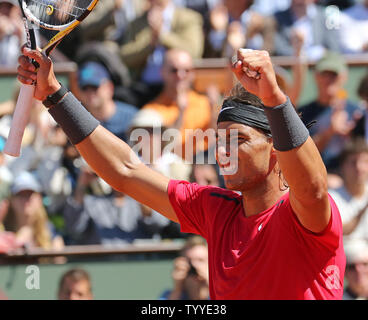 Spaniard Rafael Nadal reacts after winning his French Open men's semifinal match against Spaniard David Ferrer at Roland Garros in Paris on June 8, 2012.  Nadal defeated Ferrer 6-2, 6-2, 6-1 to advance to the finals.   UPI/David Silpa Stock Photo