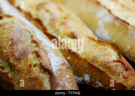 Freshly baked rustic french baguettes. Selective focus. Stock Photo