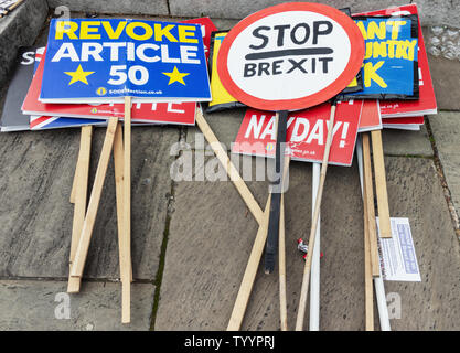 London / UK - June 26th 2019 - Pro-EU anti-Brexit signs and placards on the ground at a demonstration opposite Parliament in Westminster Stock Photo