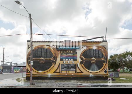 Street Art depicting a boom box stereo on the wall of an abandoned building in the Wynwood area of Miami, Florida
