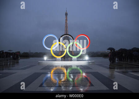 The Olympic rings are unveiled on the Trocadero square opposite the Eiffel Tower to celebrate Paris officially being awarded the 2024 Olympic Games in Paris on September 13, 2017.   Photo by David Silpa/UPI Stock Photo