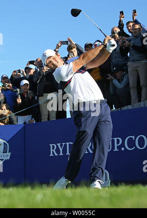 Patrick Reed participates in a practice session at Le Golf National in ...