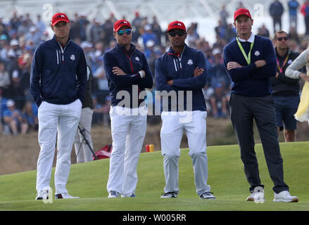 Justin Thomas of team USA and Tony Finau of team USA share a joke ...