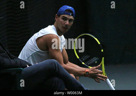 Rafael Nadal of Spain pauses during a practice session at the Rolex Paris Masters in Paris on October 29, 2018.   Photo by David Silpa/UPI Stock Photo