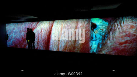 Members of the media pose in front of Swiss artist Pipilotti Rist's 'Lobe of Lung' multimedia presentation at the Sundance New Frontier on Main exhibition at the 2010 Sundance Film Festival on January 21, 2010 in Park City, Utah.   A human eye blinks as the two journalists have their picture taken.      UPI/Gary C. Caskey.. Stock Photo