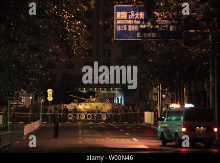 Hundreds of Chinese military vehicles, including tanks and missile carriers, roll down China's capital's main street to rehearse a parade marking the 60th anniversary of the nation's founding.on September 07, 2009.  China is planning a parade, song and dance performances, and fireworks on October 1 to mark the day when revolutionary leader Mao Zedong declared the founding of Communist China in 1949 at Tiananmen Square.    UPI/Stephen Shaver Stock Photo