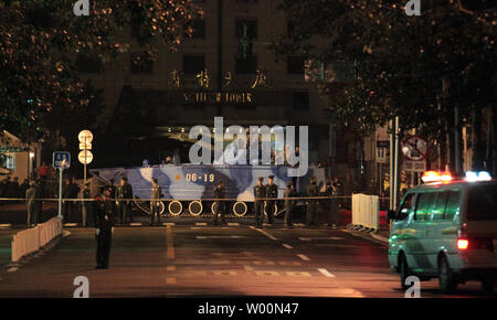 Hundreds of Chinese military vehicles, including tanks and missile carriers, roll down China's capital's main street to rehearse a parade marking the 60th anniversary of the nation's founding.on September 07, 2009.  China is planning a parade, song and dance performances, and fireworks on October 1 to mark the day when revolutionary leader Mao Zedong declared the founding of Communist China in 1949 at Tiananmen Square.    UPI/Stephen Shaver Stock Photo