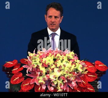 U.S. Treasury Secretary Timothy Geithner makes opening remarks during the opening ceremony of the U.S.-China Strategic and Economic Dialogue in Beijing on May 3, 2012.  China and the United States need to learn how to trust each other, Chinese President Hu Jintao said at the start of the annual talks.     UPI/Stephen Shaver Stock Photo