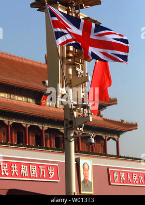 British national flags, also known around the world as the Union Jack, fly over Tiananmen Square in Beijing on December 2, 2013.  British Prime Minister David Cameron focused on trade in his first visit to China since incurring Beijing's wrath for meeting with the Dalai Lama.    UPI/Stephen Shaver Stock Photo