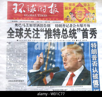 One of China's leading newspapers featuring a front-page story on U.S. President-elect Donald Trump's first press conference in weeks is sold in Beijing on January 12, 2017.   Chinese media is strictly controlled by the government, with all stories having to be approved by state censors.  The story focused on the the fact that Trump will be the first 'Twitter President' and has both alarmed and soothed world leaders on his potential diplomatic policies.     Photo by Stephen Shaver/UPI Stock Photo