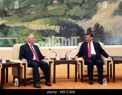 U.S. Secretary of State Rex Tillerson (L) talks with Chinese President Xi Jinping during his first visit to Beijing on March 19, 2017.   Tillerson has informed both South Korea and China that pre-emptive military action against North Korea might be necessary if the threat from its weapons program reaches a level 'that we believe requires action'.     UPI/U.S. State Department Stock Photo