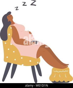 Pregnant African American woman is resting on the chair. Woman in the last months of pregnancy read a book and fell asleep. Vector flat illustrations Stock Vector