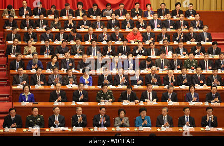 Top Chinese government delegates attend the 1st session of the 13th Chinese People's Political Consultative Conference (CPPCC) in the Great Hall of the People in Beijing on March 3, 2018.  The annual 'rubber-stamp' congress is held to support the Communist Party's hold on politics and policies.  China has expressed 'grave concern' about a U.S. trade policy that pledges to pressure Beijing on steel and aluminum tariffs.      Photo by Stephen Shaver/UPI Stock Photo