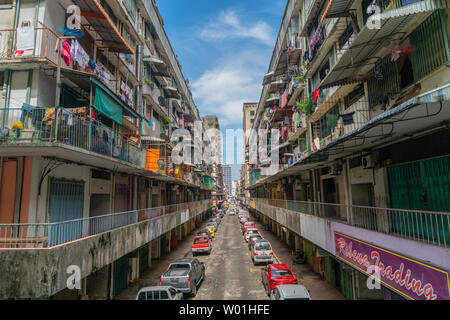 SANDAKAN SABAH - MAY 25 2019; Third world urban street scene and buildings in old town are of Asian city. Stock Photo