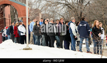 Mourners wait in line to pay their request to Penn State football coach Joe Paterno at a viewing at the Eisenhower Chapel in State College, Pennsylvania on January 24, 2012. Paterno died after a short battle with lung cancer. UPI/George Powers Stock Photo