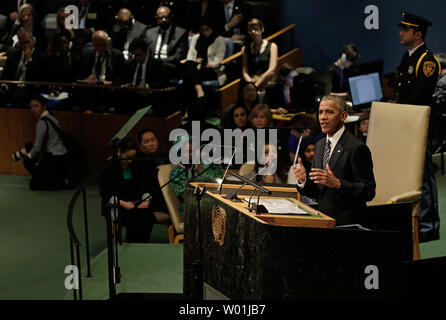 US President Barack Obama delivers his address during the United Nations 71st session of the General Debate at the United Nations General Assembly at United Nations headquarters in New York, New York, USA, 27 September 2016. Stock Photo