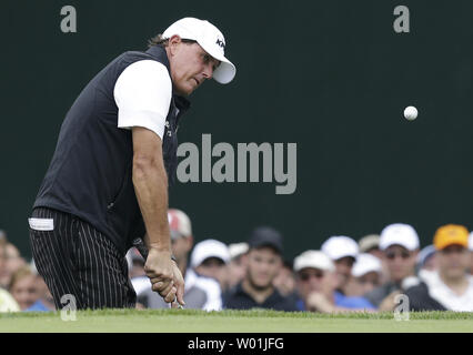 Phil Mickelson chips to the 18th green in the final round at the PGA Championship at Baltusrol Golf Club in Springfield, New Jersey on July 31, 2016.    Photo by John Angelillo/UPI Stock Photo