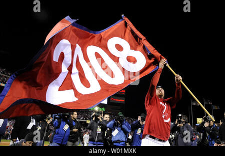 Philadelphia Phillies pitcher Brett Myers waves a flag after the Phillies won the World Series, defeating the Tampa Bay Rays 4-3 in game 5, at Citizens Bank Park in Philadelphia on October 29, 2008. (UPI Photo/Kevin Dietsch) Stock Photo