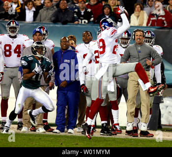 New York Giants cornerback Sam Madison (29) intercepts a pass intended for  Philadelphia Eagles DeSean Jackson (10) on the Philadelphia 35-yard line  during second quarter play in Philadelphia at Lincoln Financial Field