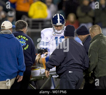 Injured Indianapolis Colts quarterback Peyton Manning on the sidelines in  the fourth quarter of an NFL football game against the Kansas City Chiefs  in Indianapolis, Sunday, Oct. 9, 2011. (AP Photo/Tom Strattman