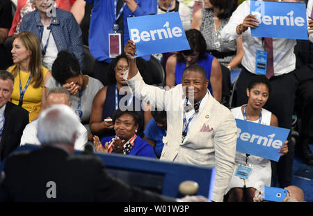 Supporters of Bernie Sanders cheer his arrival onstage during the 2016 Democratic National Convention at Wells Fargo Center in Philadelphia, Pennsylvania on July 25, 2016.  The delegates will confirm the nomination of Hillary Clinton and Tim Kaine as the Democratic ticket for the November election.      Photo by Mike Theiler/UPI Stock Photo