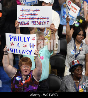 Supporters of Hillary Cinton cheer at the opening of Day Two of the 2016 Democratic National Convention at Wells Fargo Center in Philadelphia, Pennsylvania on July 26, 2016.  The delegates will confirm the nomination of Hillary Clinton and Tim Kaine as the Democratic ticket for the November election.      Photo by Mike Theiler/UPI Stock Photo