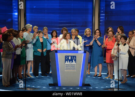House Democratic Leader Nancy Pelosi and the Democratic Women of the House speak on day two of the Democratic National Convention at the Wells Fargo Center in Philadelphia, Pennsylvania on July 26, 2016. The delegates will nominate Hillary Clinton as the Democratic presidential candidate. Photo by Pat Benic/UPI Stock Photo