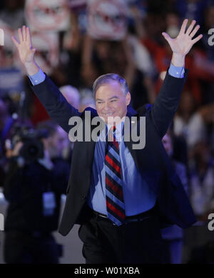 Democratic Nominee for Vice President Tim Kaine puts his hands in the air after he speaks on day three of the Democratic National Convention at Wells Fargo Center in Philadelphia, Pennsylvania on July 27, 2016.  Hillary Clinton claims the Democratic Party's nomination for president.   Photo by Ray Stubblebine/UPI Stock Photo